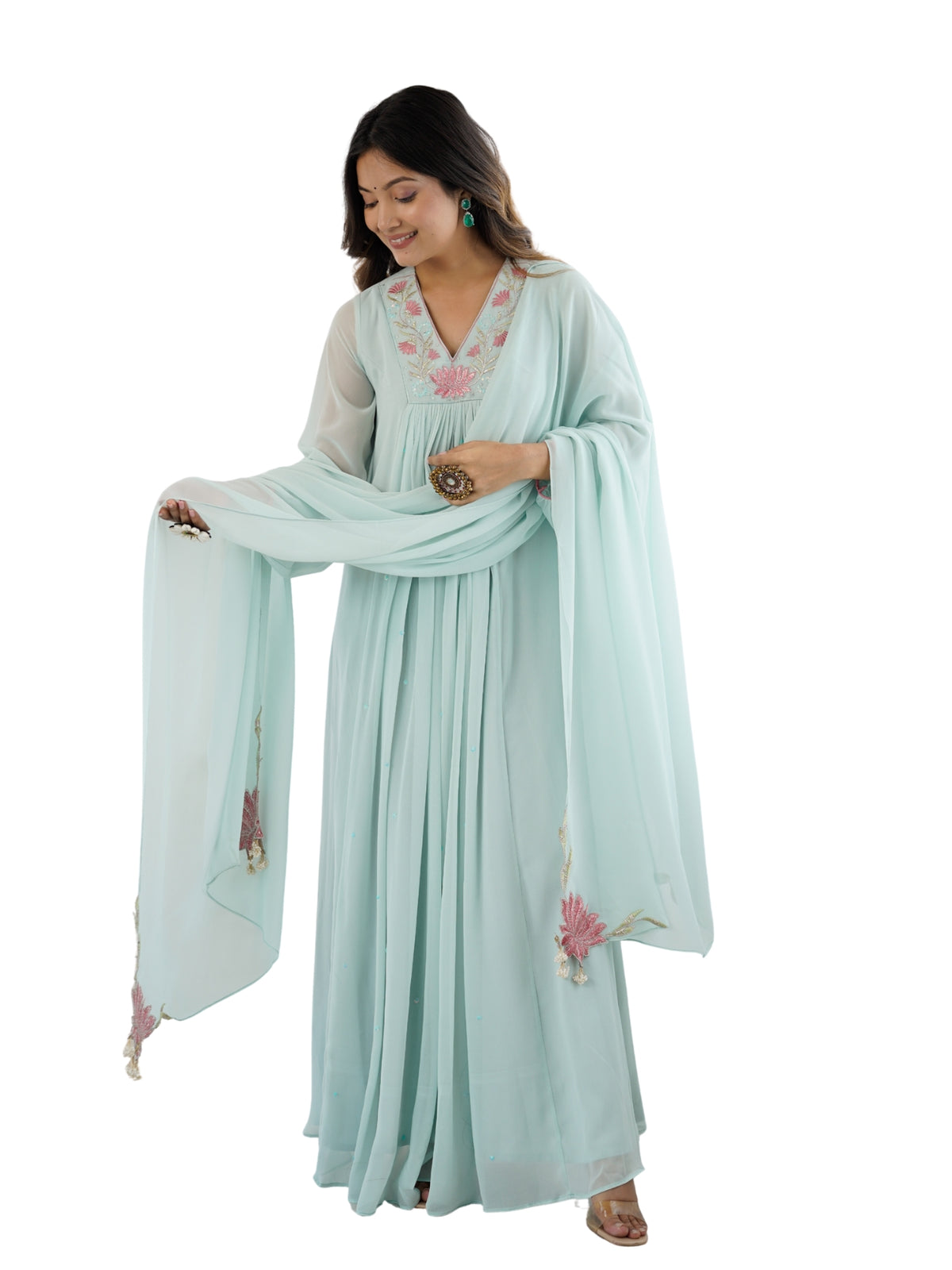 Pastel Mint Green Embroidered Anarkali Gown for Women
