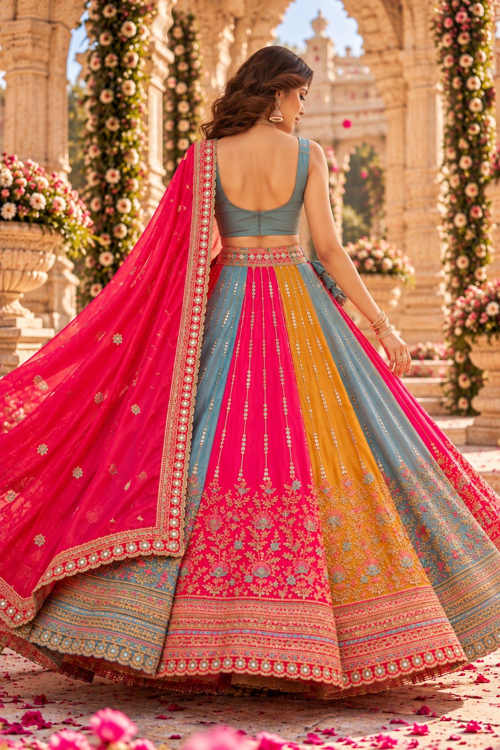 Vibrant Multicolor Panelled Embroidered Lehenga