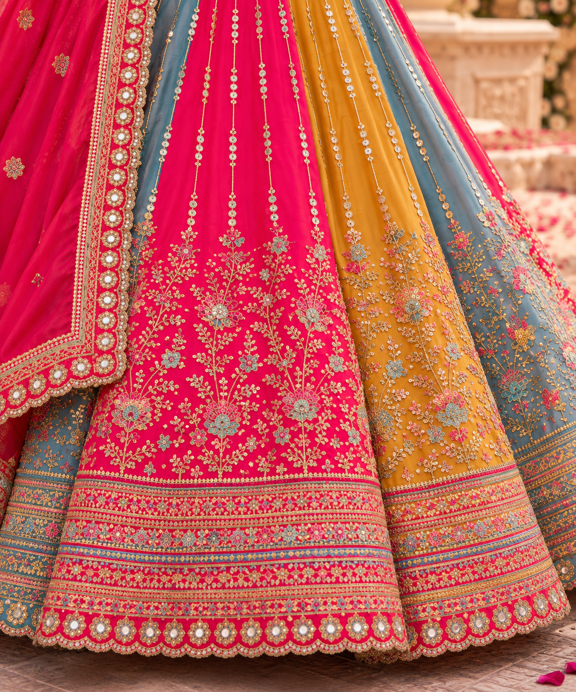 Vibrant Multicolor Panelled Embroidered Lehenga