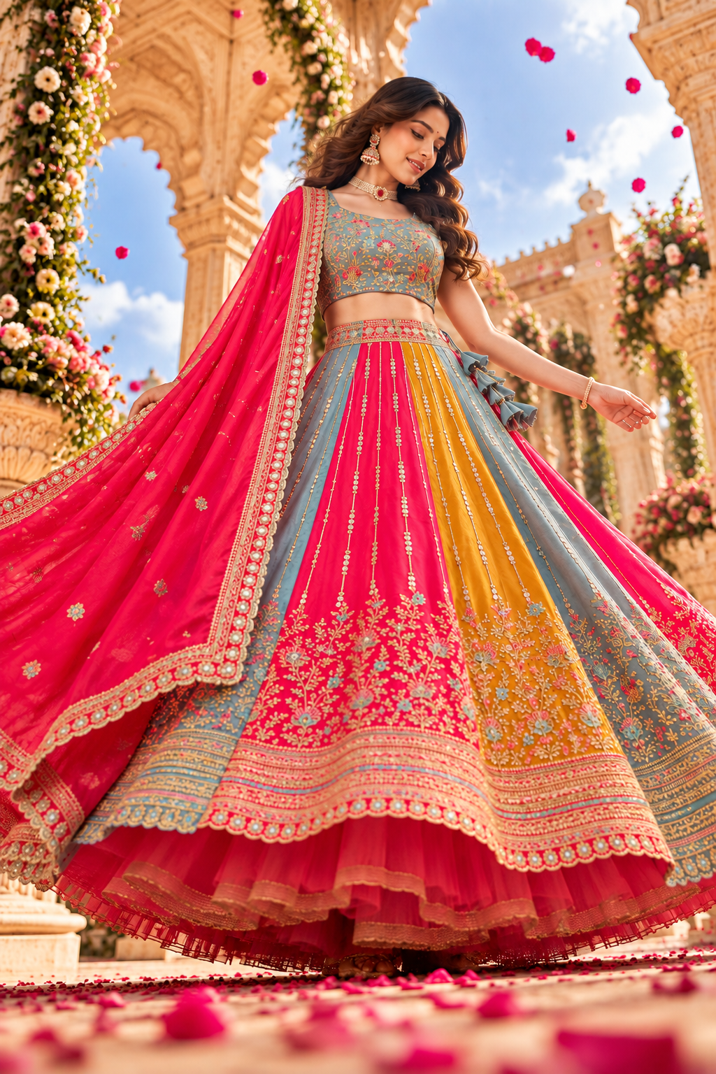 Vibrant Multicolor Panelled Embroidered Lehenga