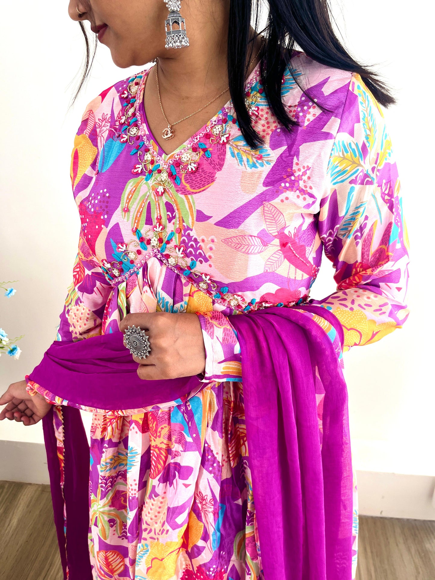 Spellbinding Soft Chinon Floral Printed Handworked Anarkali Pant Suit - Ethnicwish