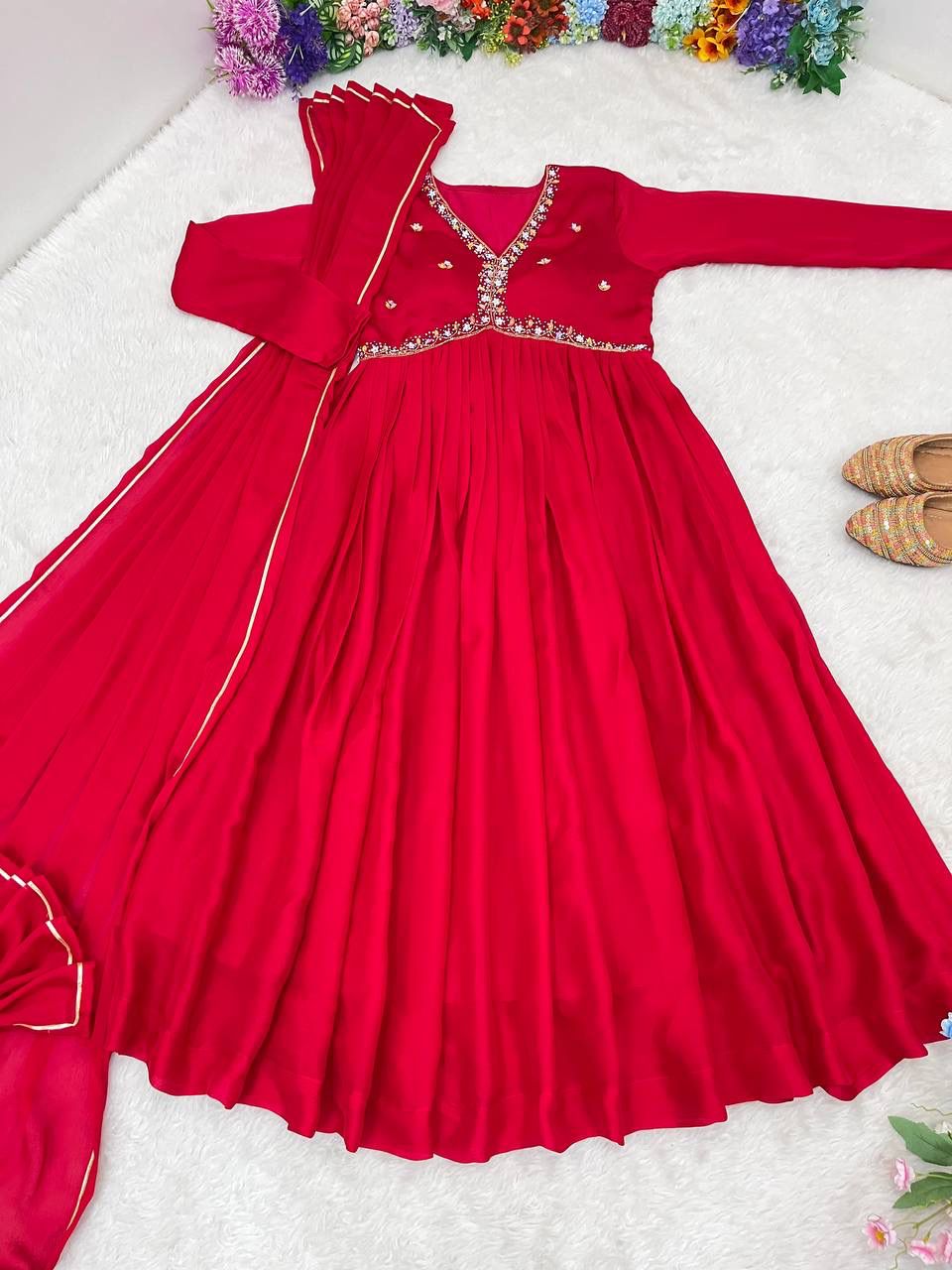 Mesmerizing Maroon Rangoli Silk Handworked Gown With Dupatta - Ethnicwish