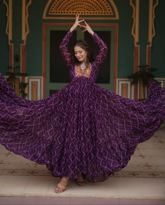 Bandhani Print Kutchi Patchwork Gown in Faux Georgette – Grand 12 Meter Flair