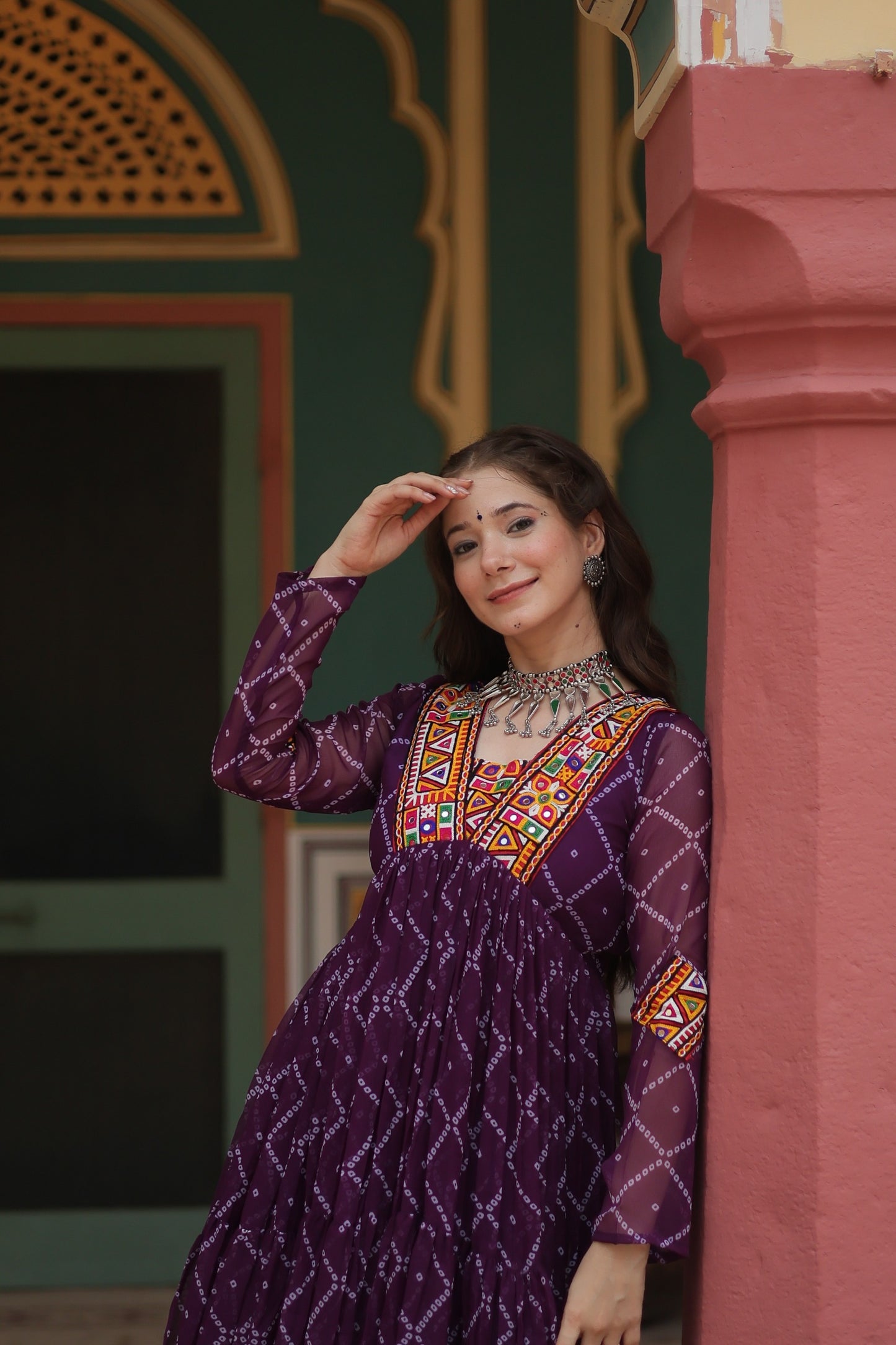 Bandhani Print Kutchi Patchwork Gown in Faux Georgette – Grand 12 Meter Flair