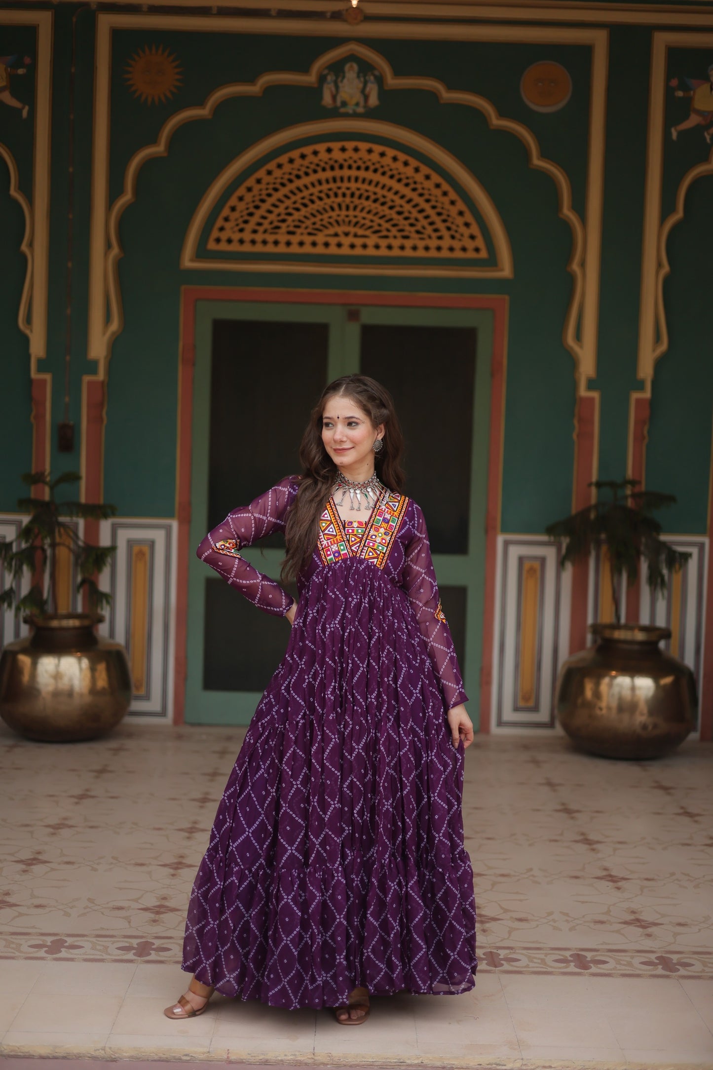 Bandhani Print Kutchi Patchwork Gown in Faux Georgette – Grand 12 Meter Flair