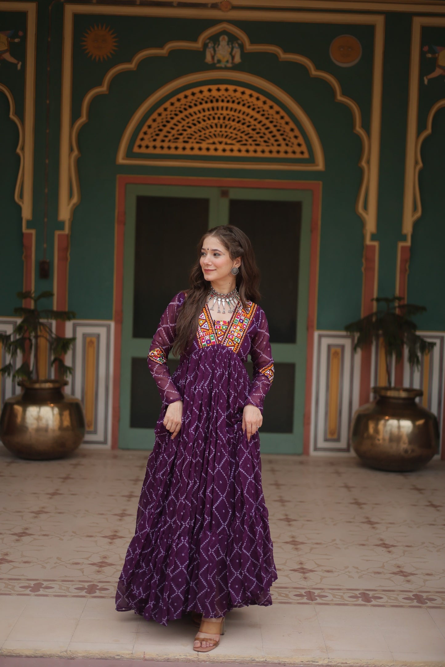 Bandhani Print Kutchi Patchwork Gown in Faux Georgette – Grand 12 Meter Flair