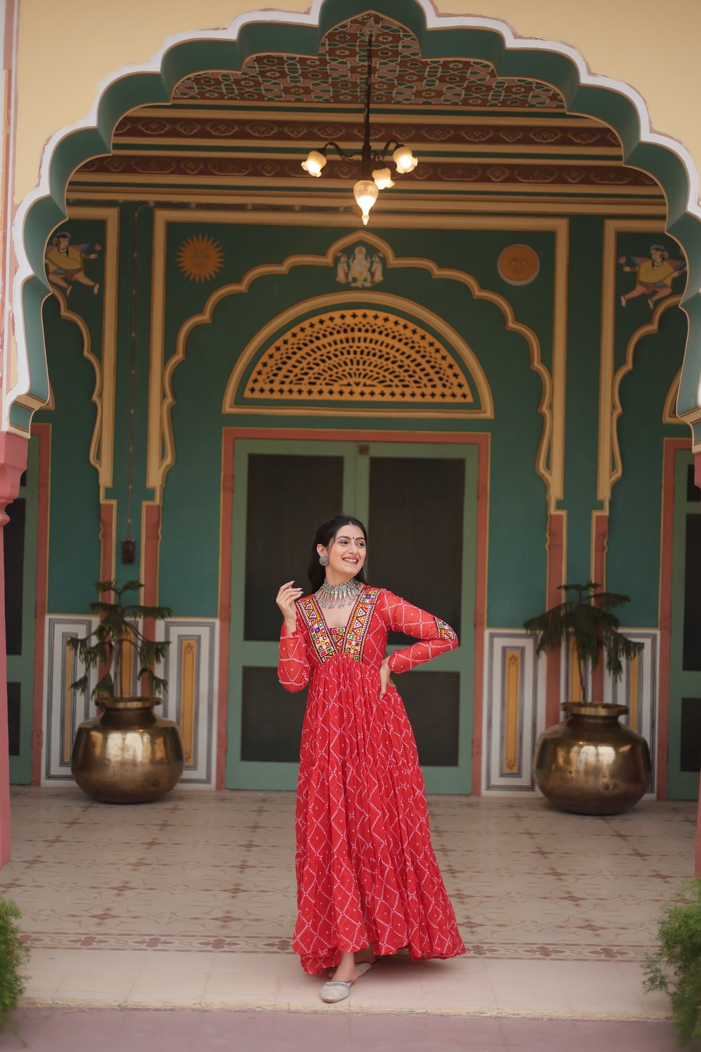 Bandhani Print Kutchi Patchwork Gown in Faux Georgette – Grand 12 Meter Flair