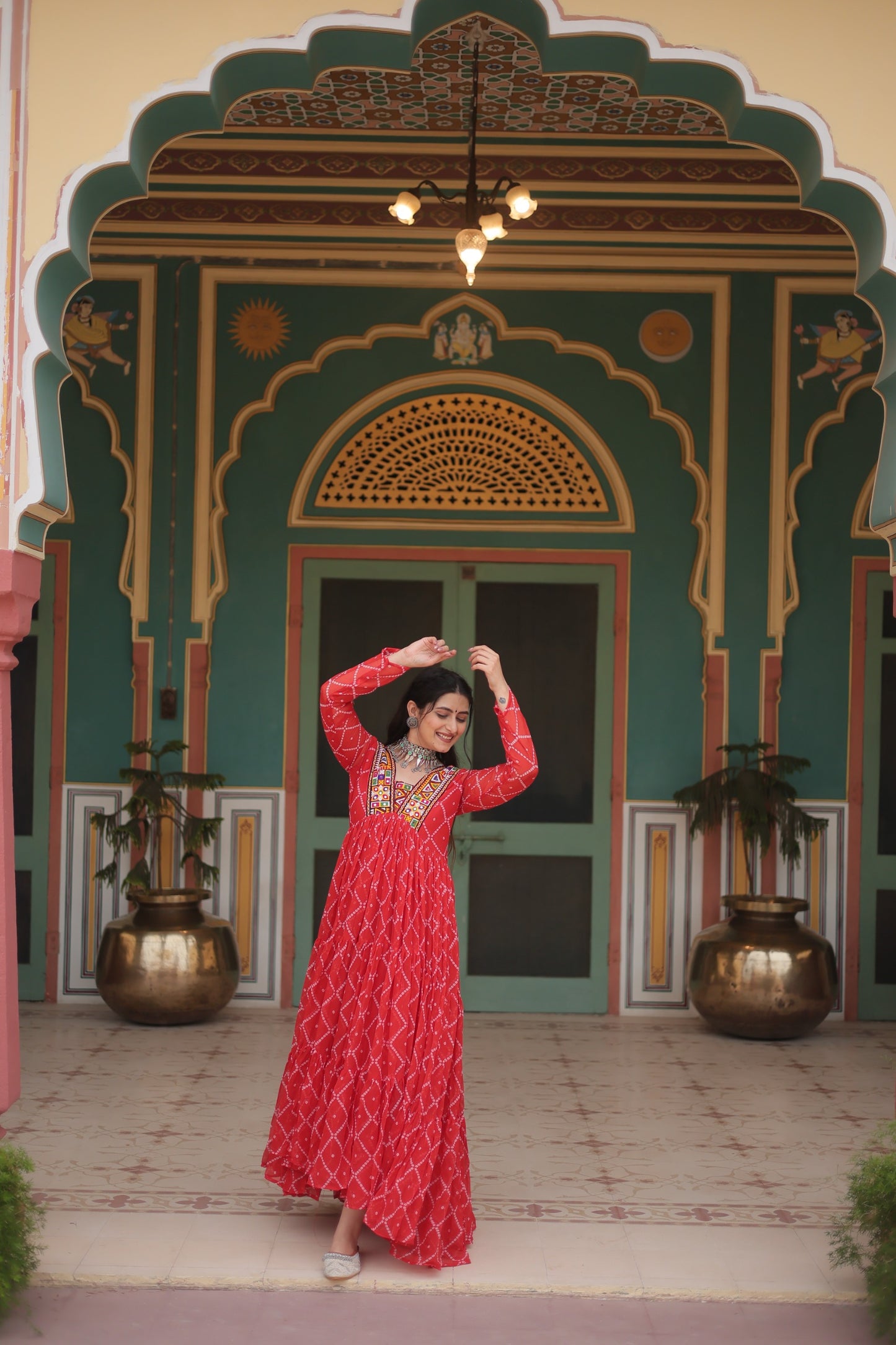 Bandhani Print Kutchi Patchwork Gown in Faux Georgette – Grand 12 Meter Flair