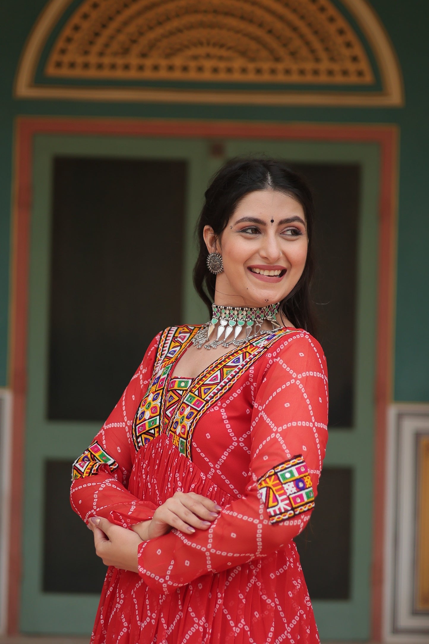 Bandhani Print Kutchi Patchwork Gown in Faux Georgette – Grand 12 Meter Flair