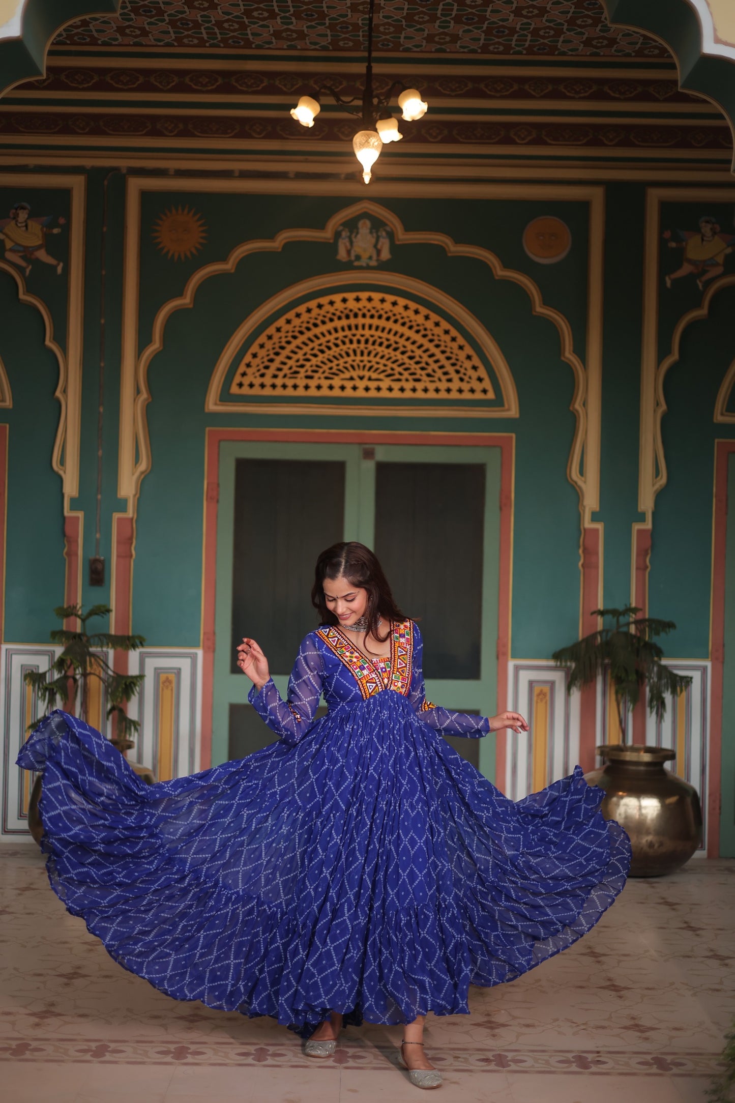 Bandhani Print Kutchi Patchwork Gown in Faux Georgette – Grand 12 Meter Flair