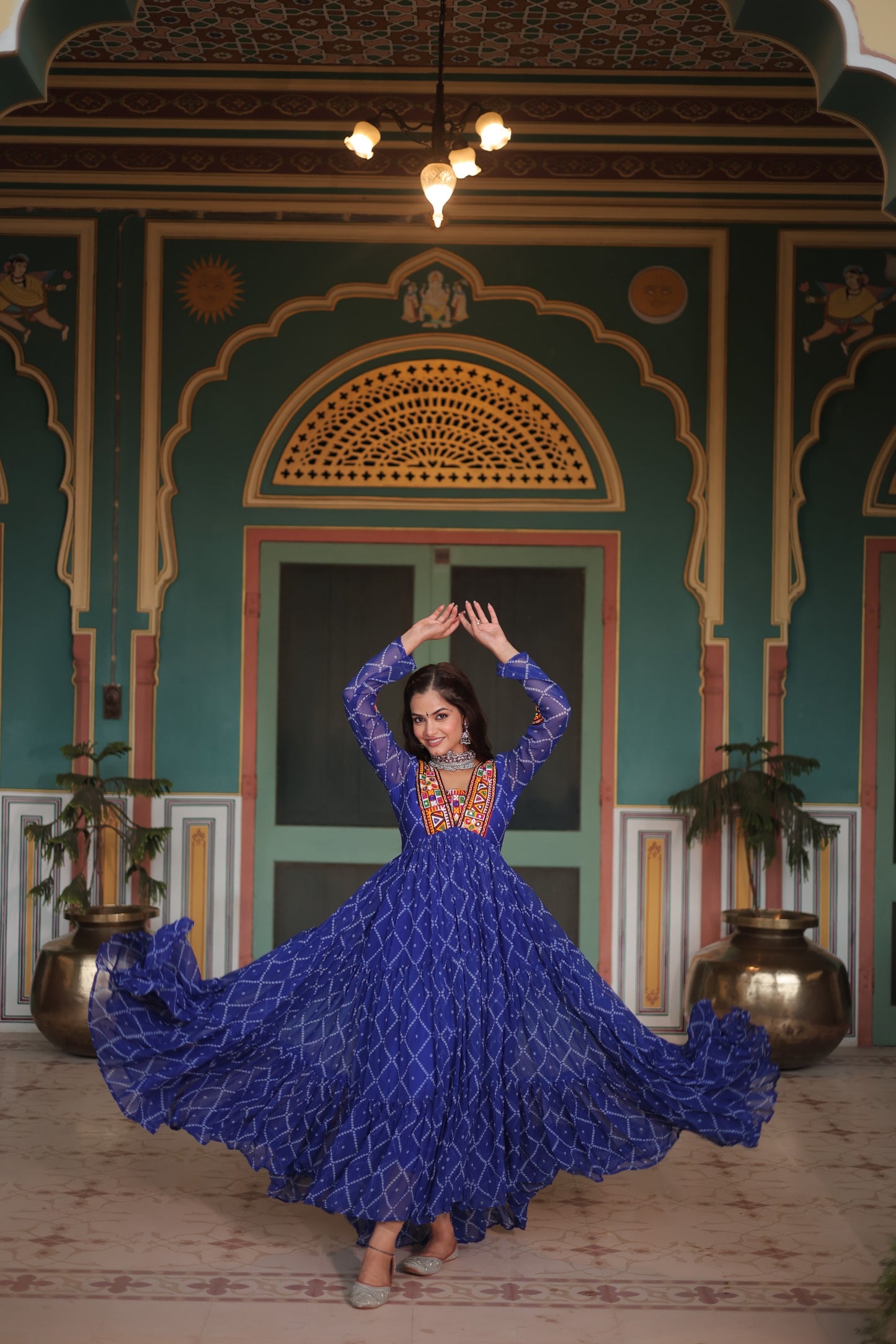 Bandhani Print Kutchi Patchwork Gown in Faux Georgette – Grand 12 Meter Flair
