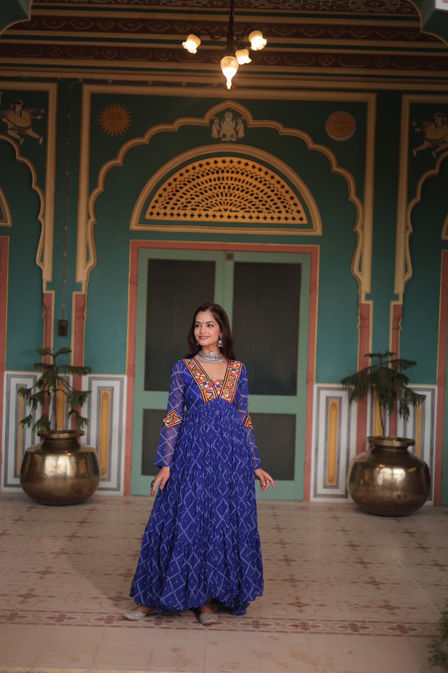 Bandhani Print Kutchi Patchwork Gown in Faux Georgette – Grand 12 Meter Flair