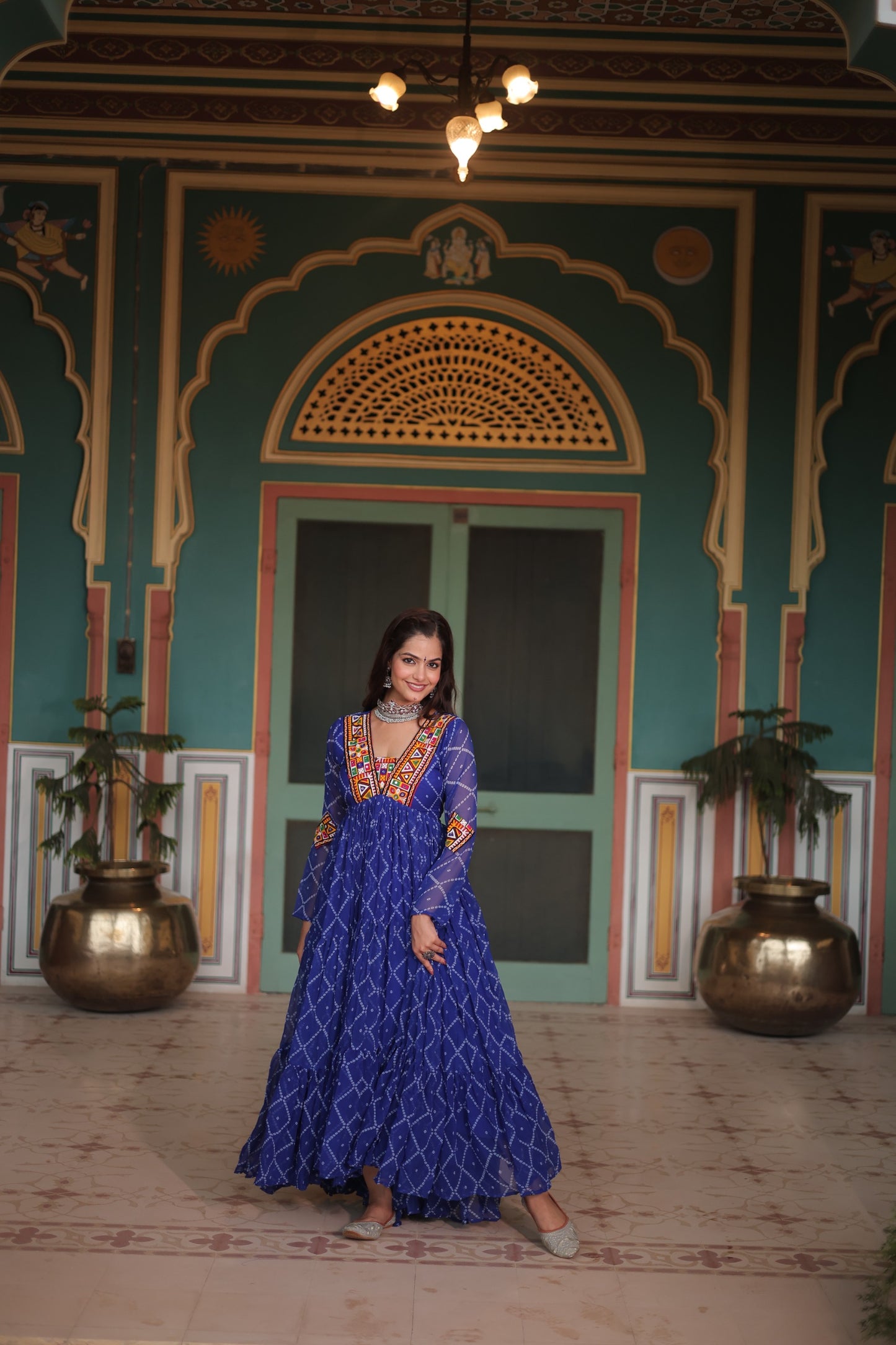 Bandhani Print Kutchi Patchwork Gown in Faux Georgette – Grand 12 Meter Flair