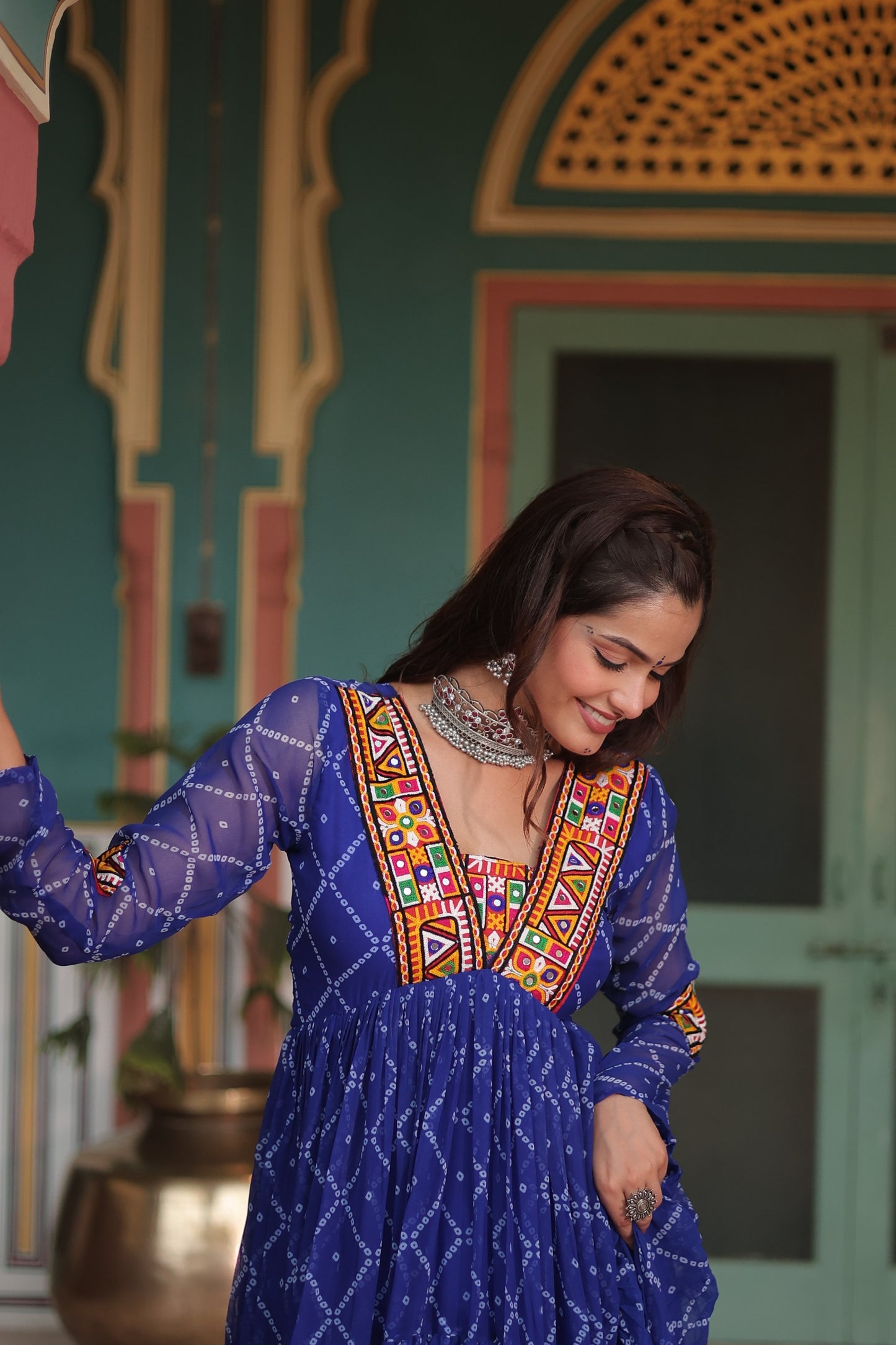 Bandhani Print Kutchi Patchwork Gown in Faux Georgette – Grand 12 Meter Flair