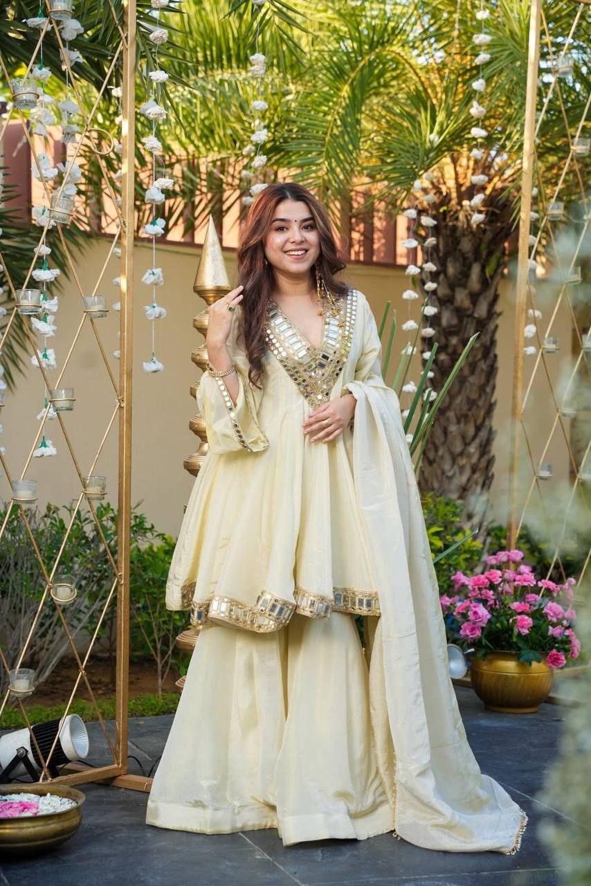 Gorgeous Ivory Mirror-Work Anarkali Sharara Set with Dupatta