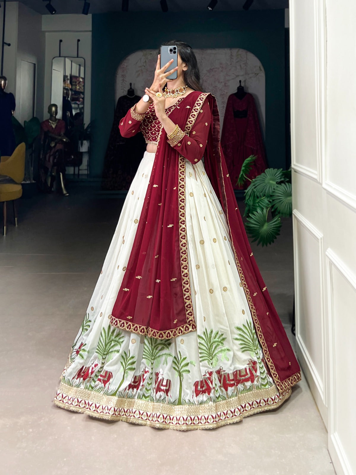 Spectacular White Georgette Sequins Thread Worked Lehenga Choli - Ethnicwish