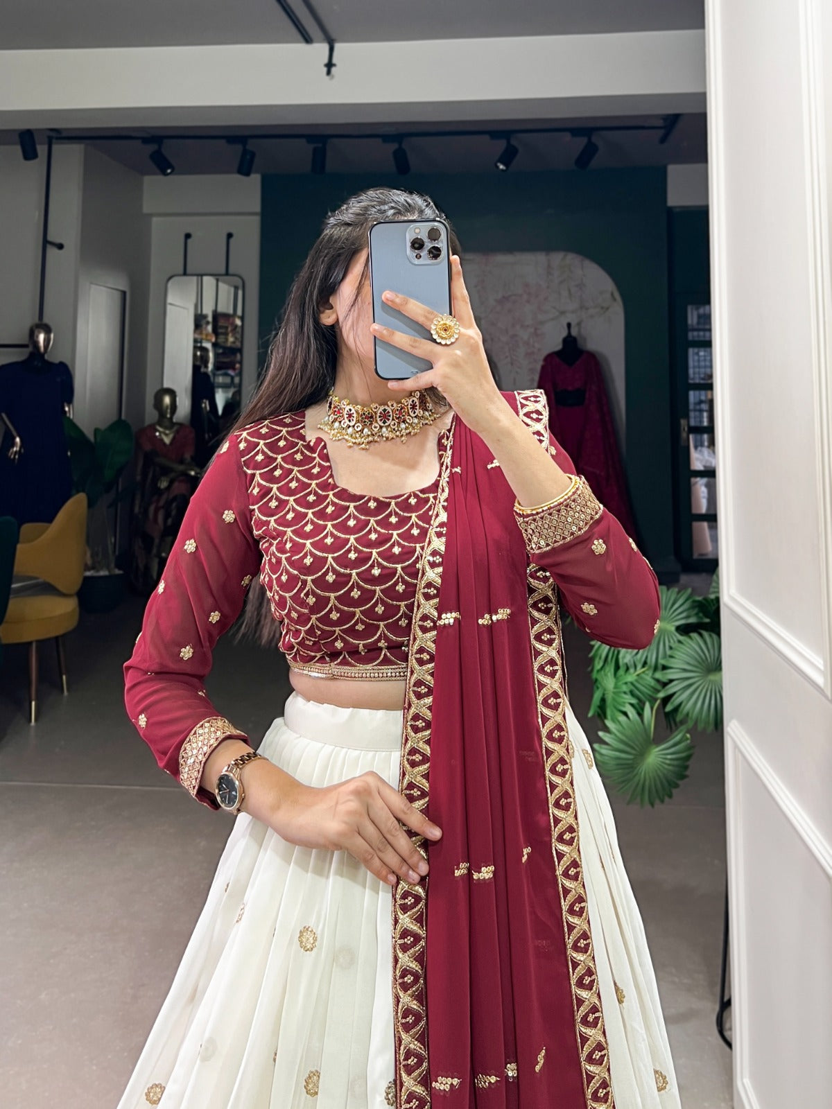 Spectacular White Georgette Sequins Thread Worked Lehenga Choli - Ethnicwish