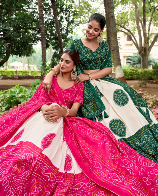Adorable Tussar Silk Bandhej Printed Lehenga Choli Set - Ethnicwish