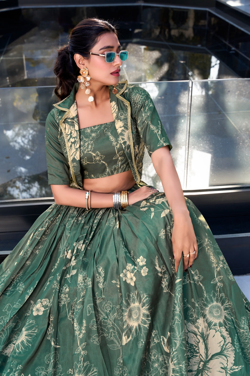 Exquisite Tussar Silk Floral Printed Lehenga Choli  Koti Set