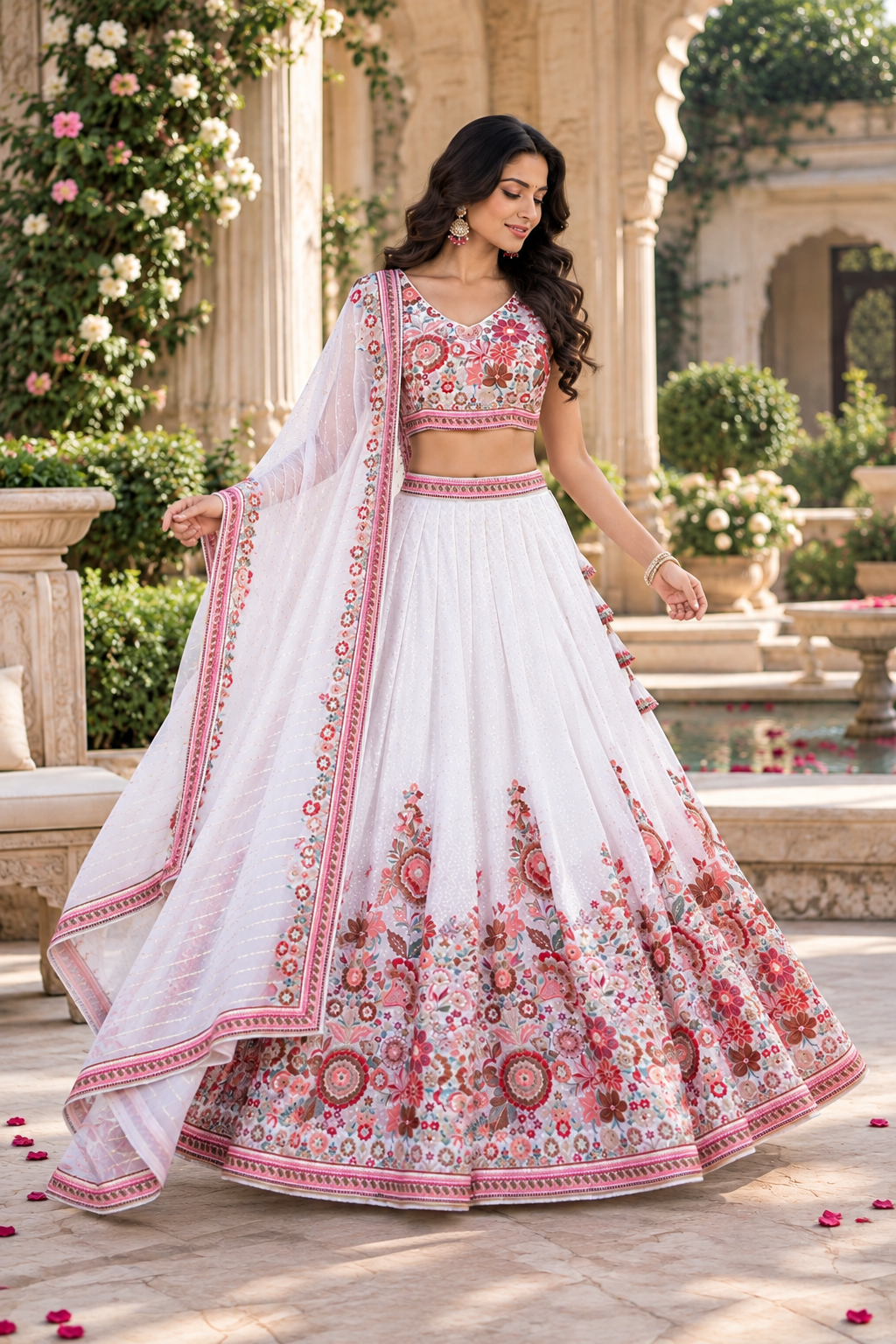 White Lehenga with Pink Floral Embroidery