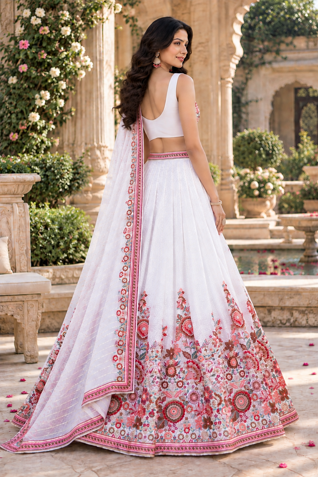 White Lehenga with Pink Floral Embroidery