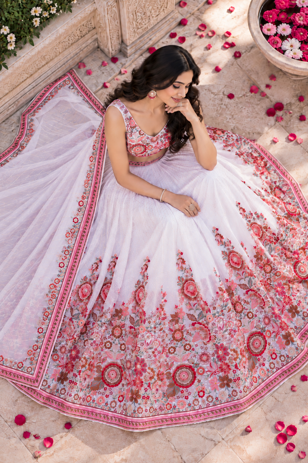 White Lehenga with Pink Floral Embroidery