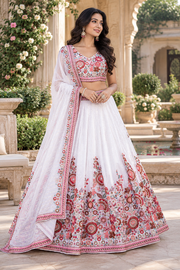 White Lehenga with Pink Floral Embroidery