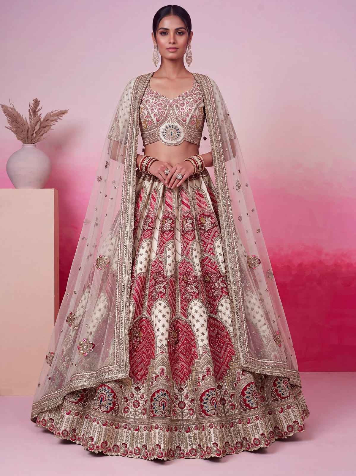 White Gadhwal Silk Mirror & Gota Patti Bridal Lehenga Choli