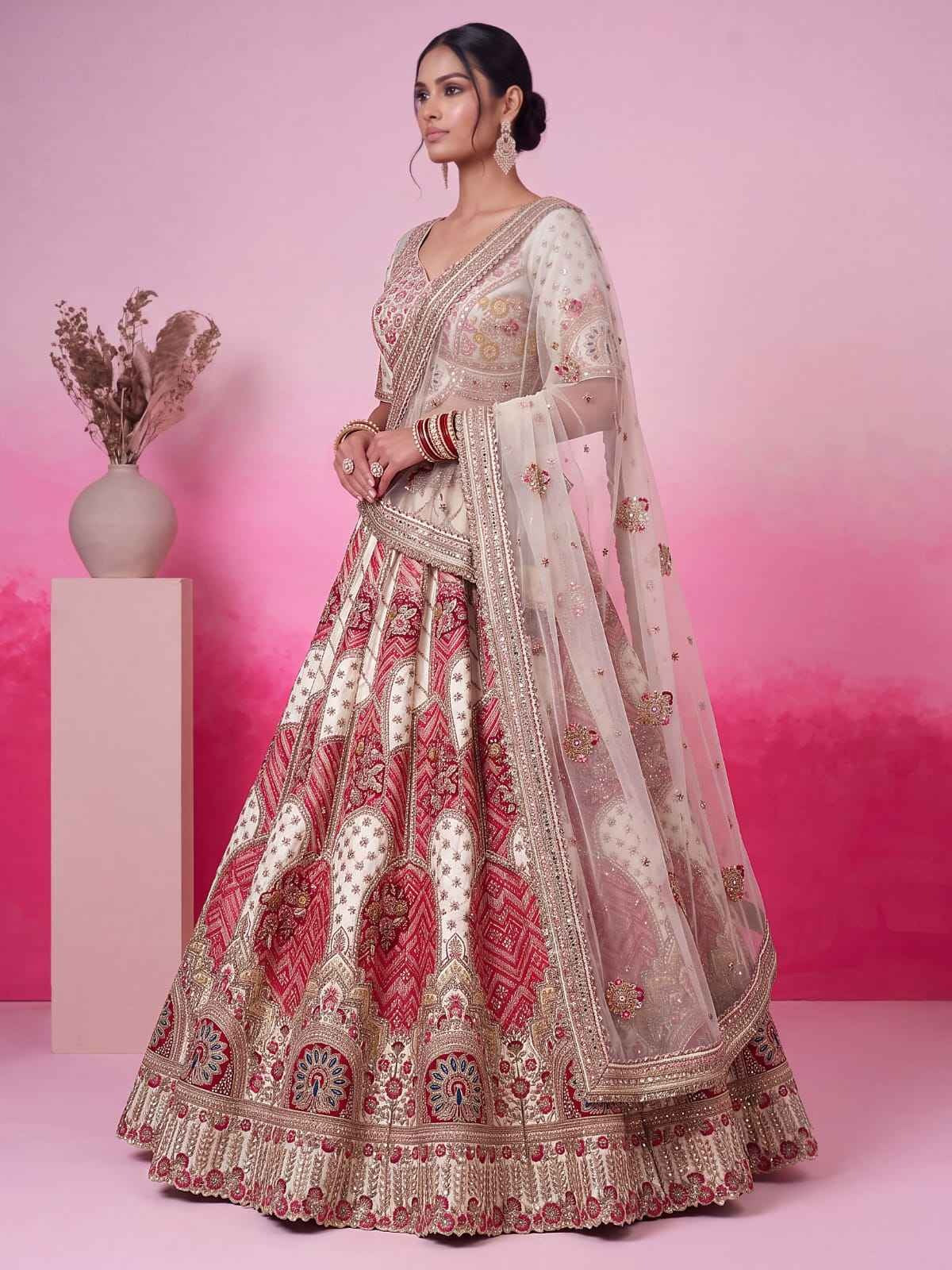 White Gadhwal Silk Mirror & Gota Patti Bridal Lehenga Choli