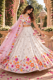 White & Pink Floral Mirror Work Lehenga Set