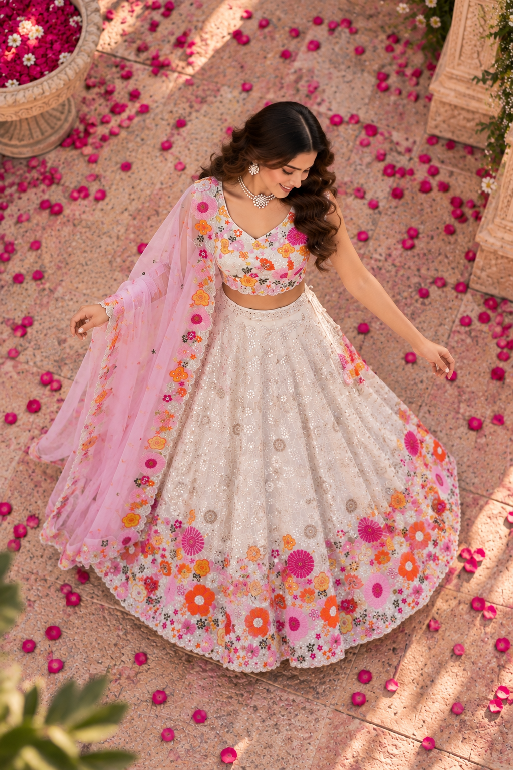 White & Pink Floral Mirror Work Lehenga Set