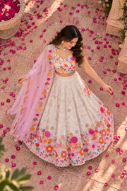 White & Pink Floral Mirror Work Lehenga Set