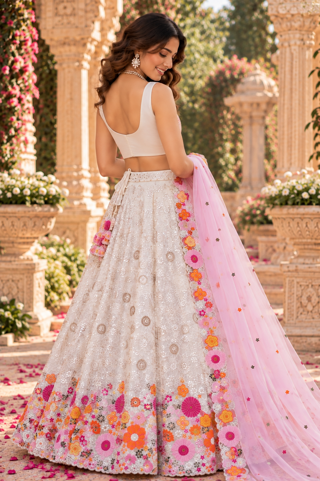 White & Pink Floral Mirror Work Lehenga Set
