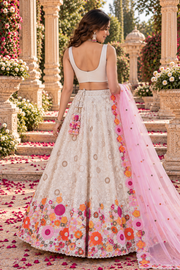 White & Pink Floral Mirror Work Lehenga Set