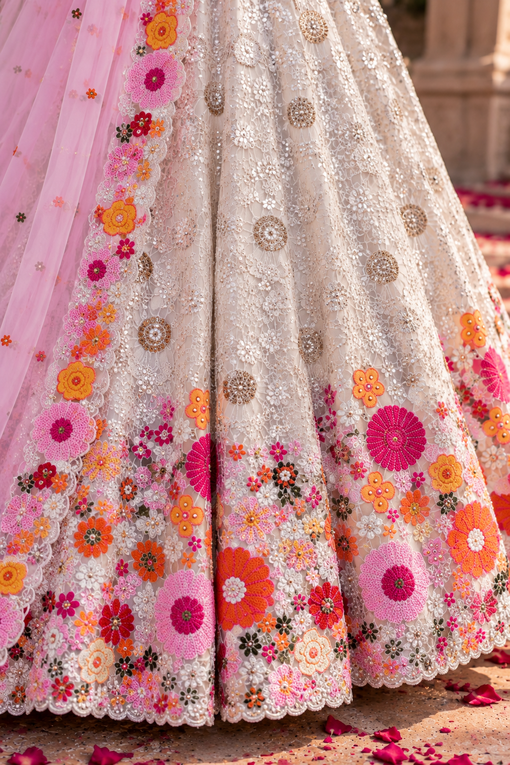 White & Pink Floral Mirror Work Lehenga Set