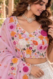 White & Pink Floral Mirror Work Lehenga Set