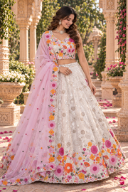 White & Pink Floral Mirror Work Lehenga Set