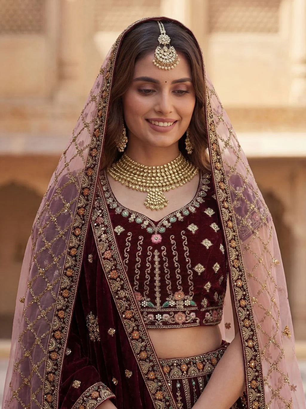 Wine Velvet Patchwork Mirror Work Bridal Lehenga Choli