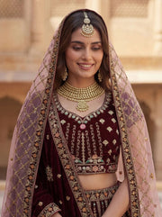 Wine Velvet Patchwork Mirror Work Bridal Lehenga Choli