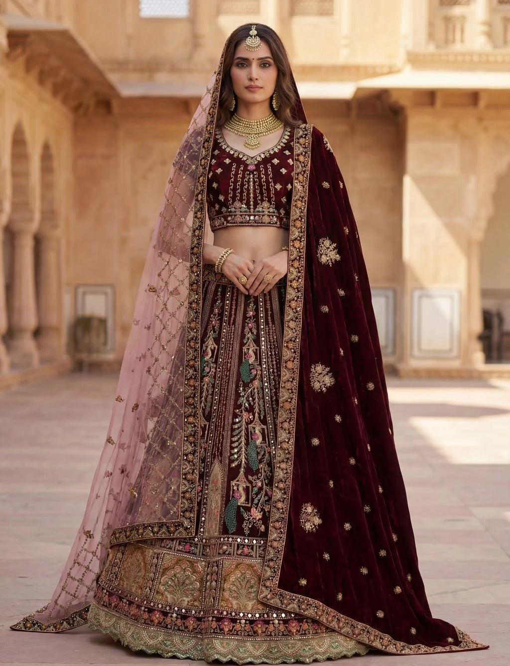 Wine Velvet Patchwork Mirror Work Bridal Lehenga Choli