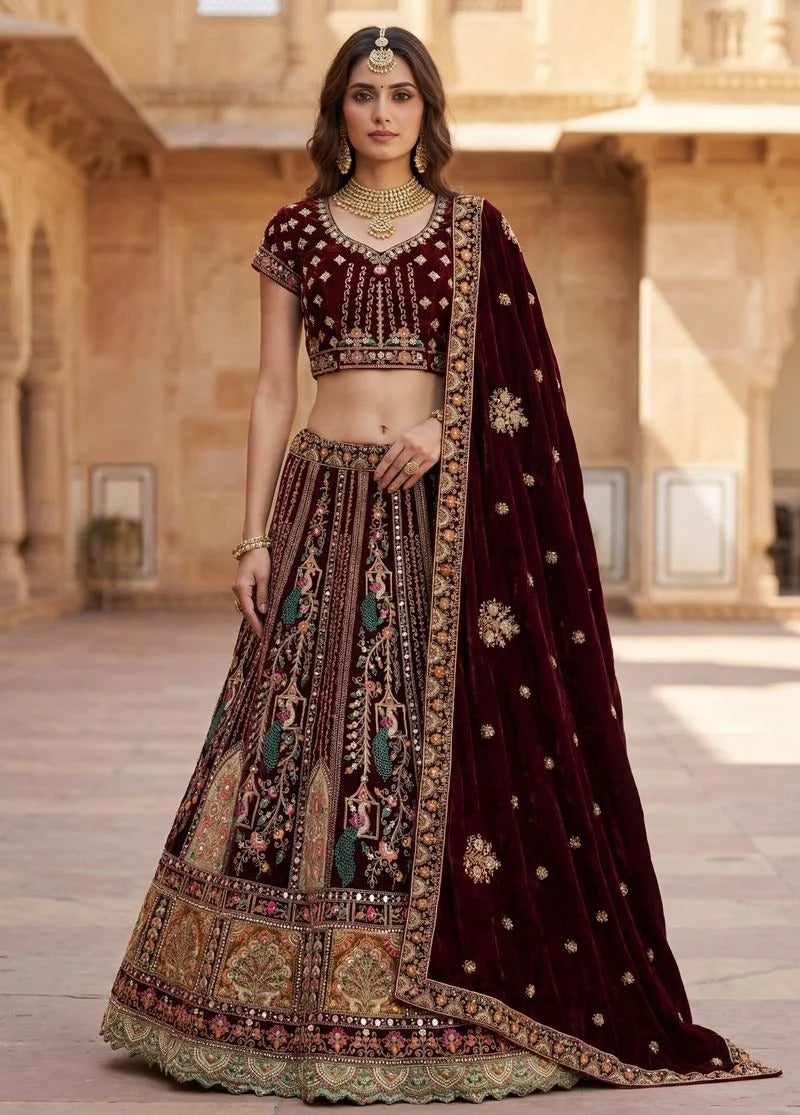 Wine Velvet Patchwork Mirror Work Bridal Lehenga Choli