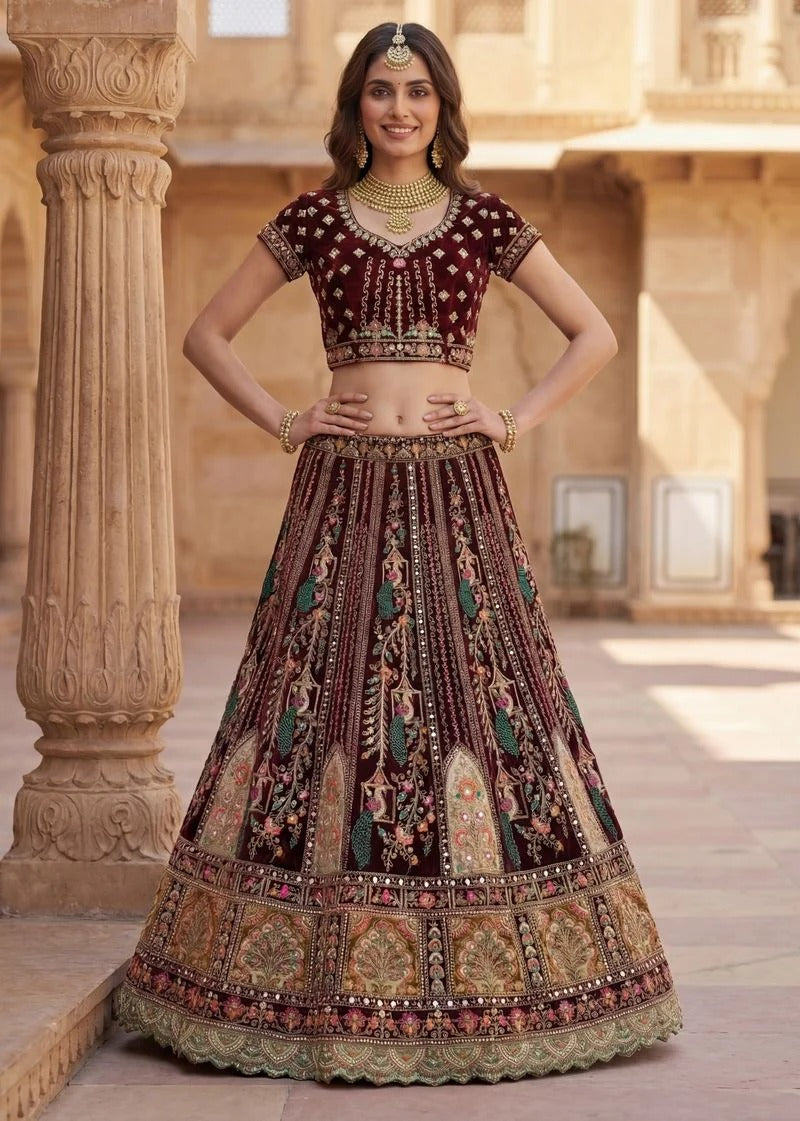 Wine Velvet Patchwork Mirror Work Bridal Lehenga Choli
