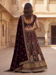 Wine Velvet Patchwork Mirror Work Bridal Lehenga Choli
