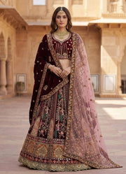 Wine Velvet Patchwork Mirror Work Bridal Lehenga Choli