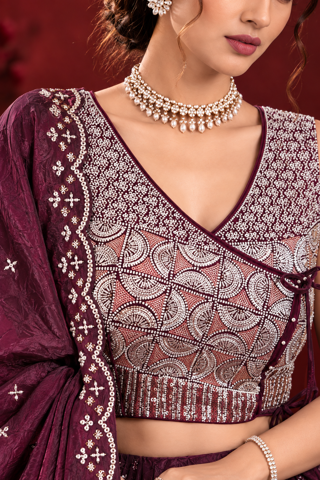 Wine Purple Fendi Silk Bead Sequin Lehenga Choli
