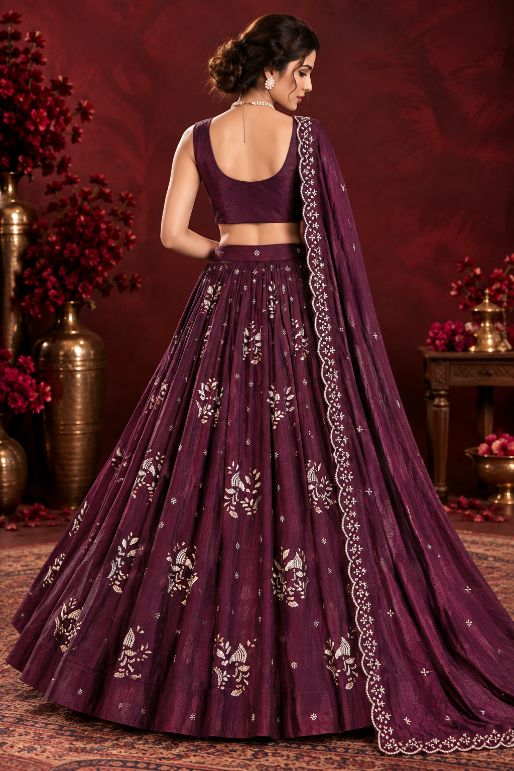 Wine Purple Fendi Silk Bead Sequin Lehenga Choli