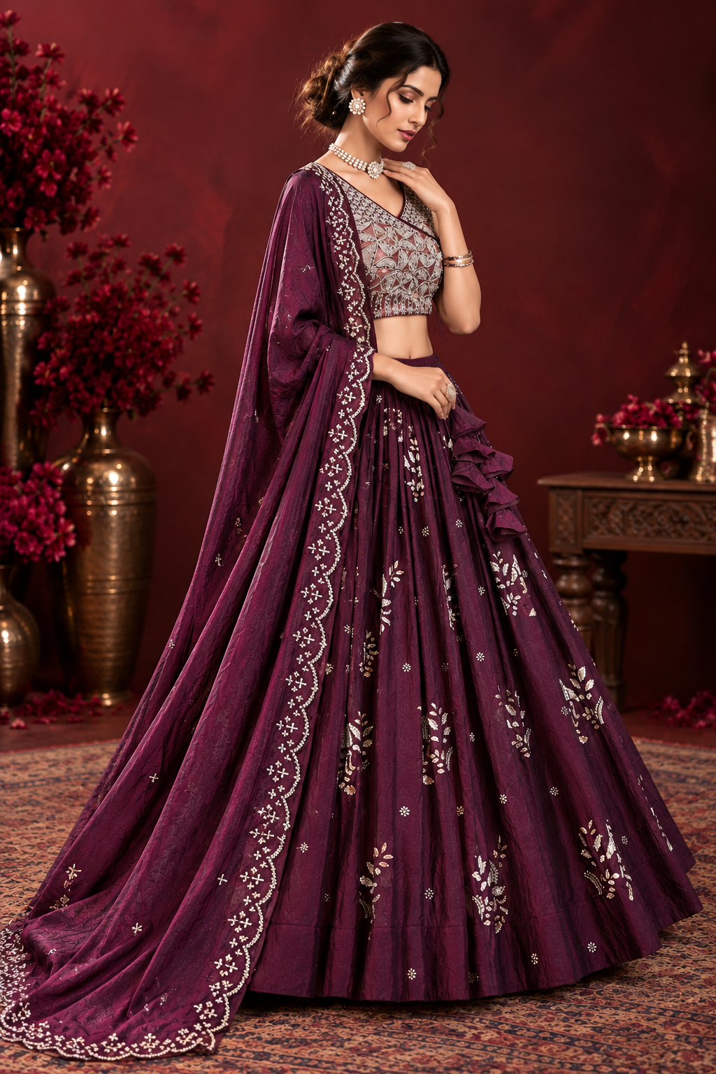 Wine Purple Fendi Silk Bead Sequin Lehenga Choli