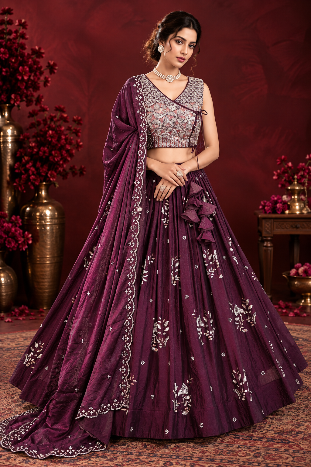 Wine Purple Fendi Silk Bead Sequin Lehenga Choli