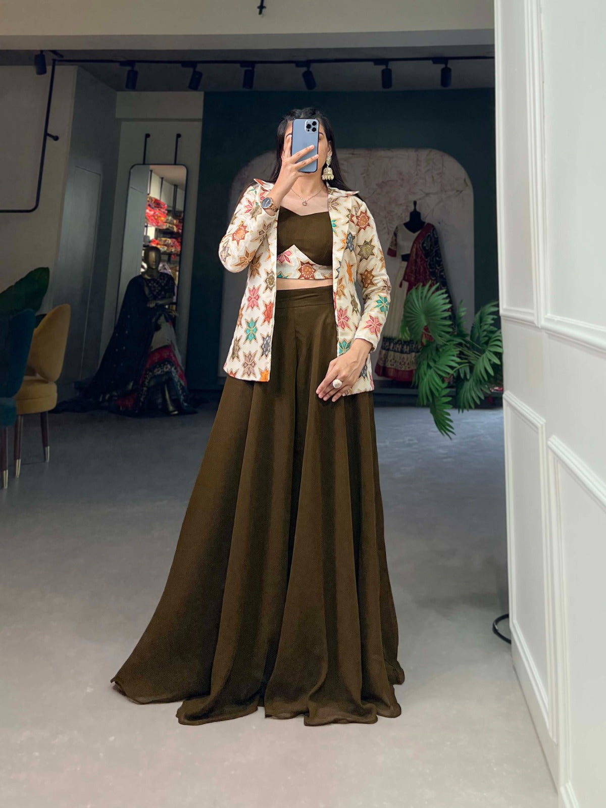 Breathtaking Mehendi Green Georgette Blouse Koti Palazzo Set - Ethnicwish