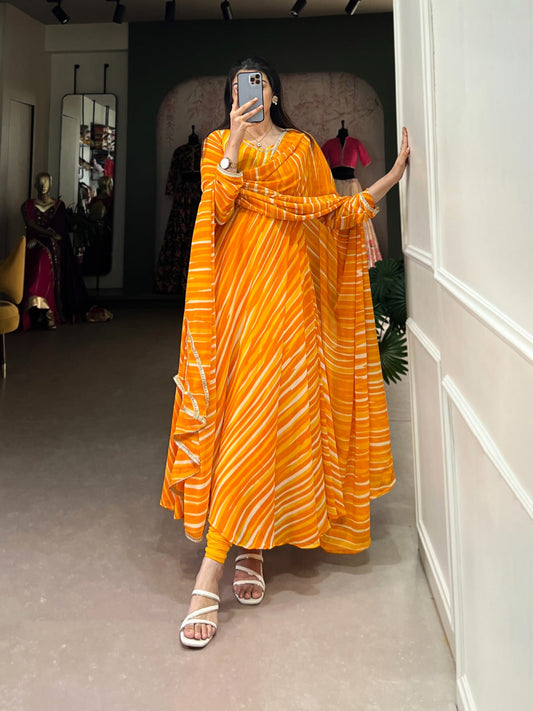 Spellbinding Georgette Leheriya Printed Stitched Designer Gown - Ethnicwish